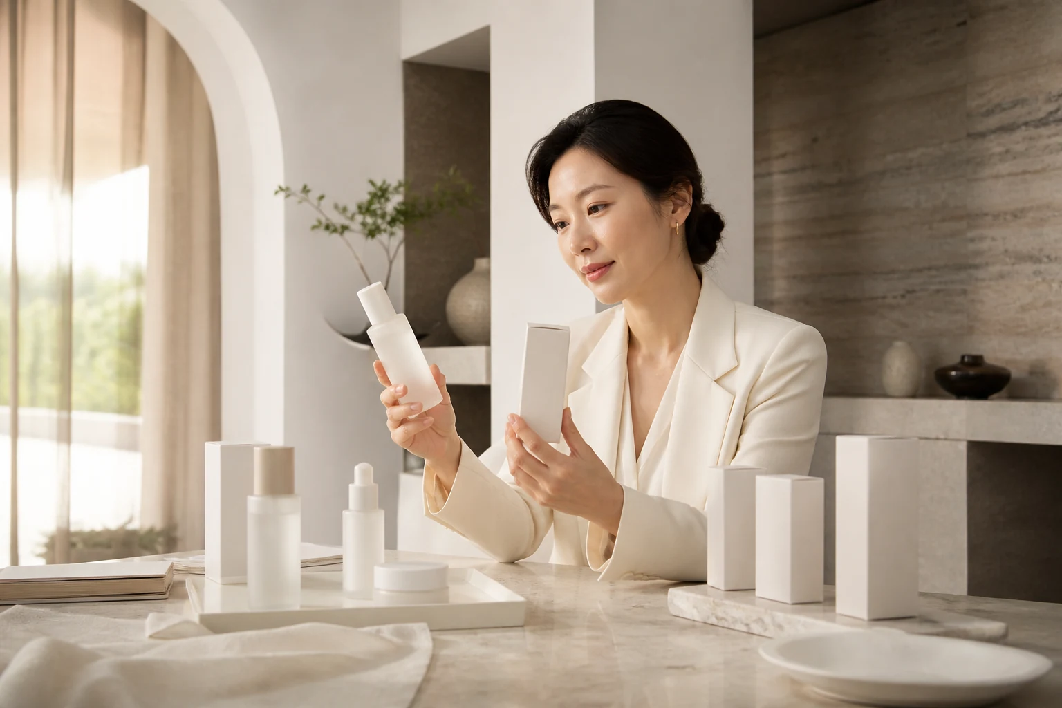 Beauty founder reviewing skincare packaging and product components