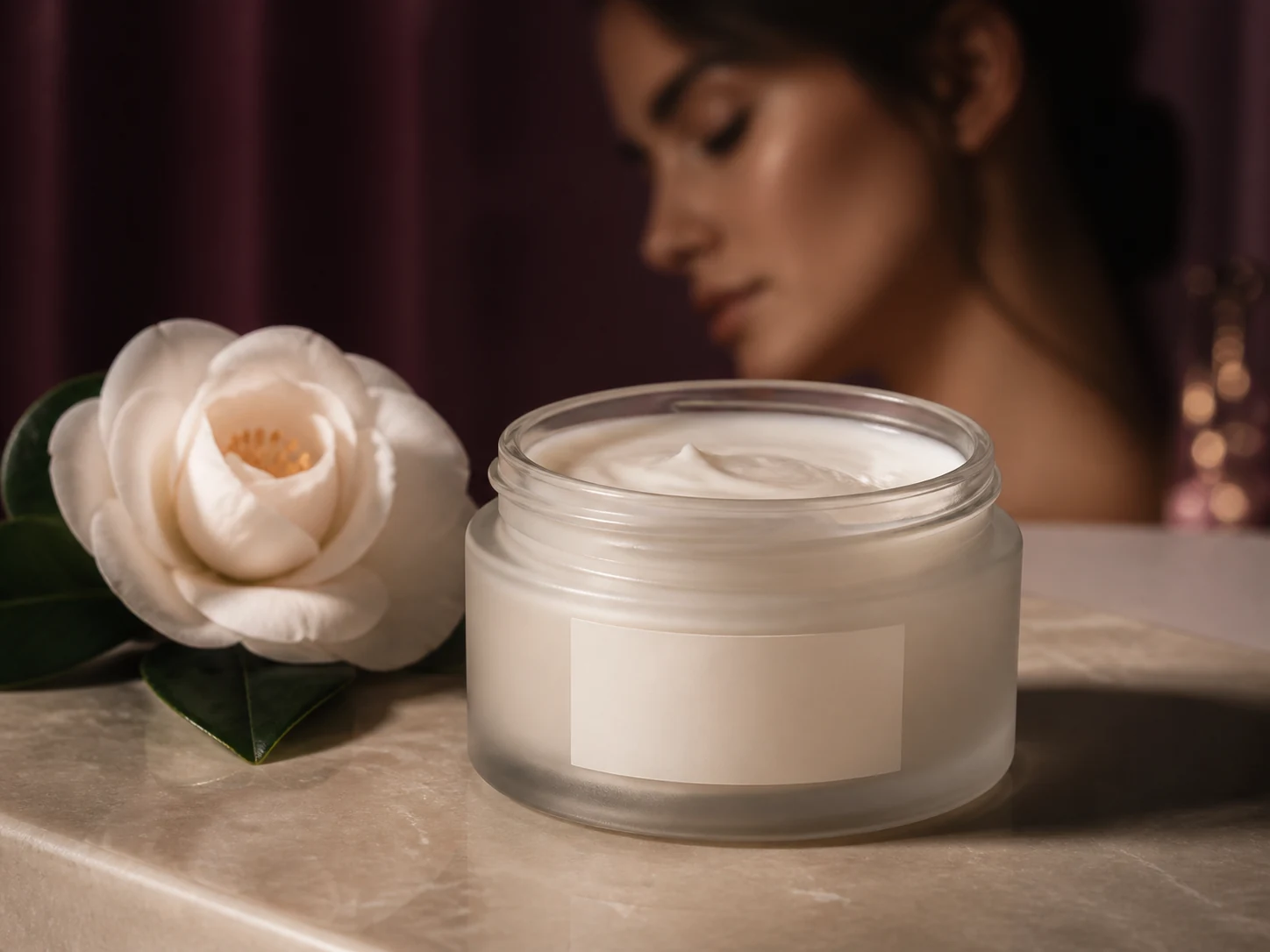Cleansing balm in a warm plum editorial setting with camellia detail