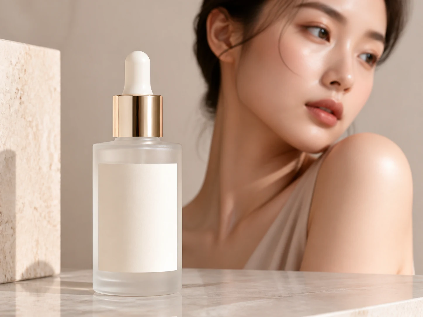 Hyaluronic serum in a warm luxury studio with a dewy beauty portrait
