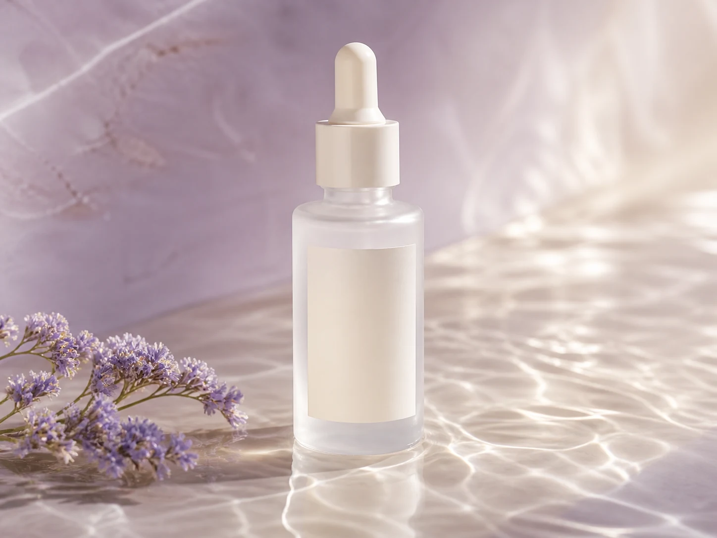 Niacinamide serum on a pearly lilac water-inspired setting