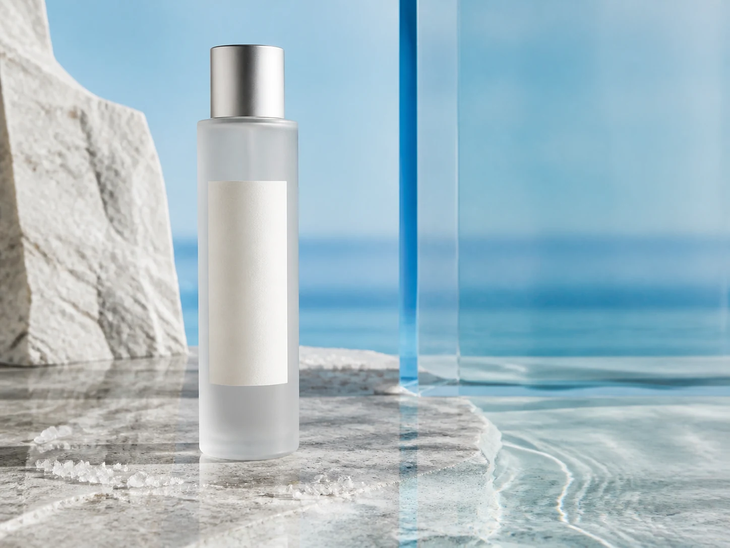 Hydrating toner in a mineral-blue water-inspired product setting