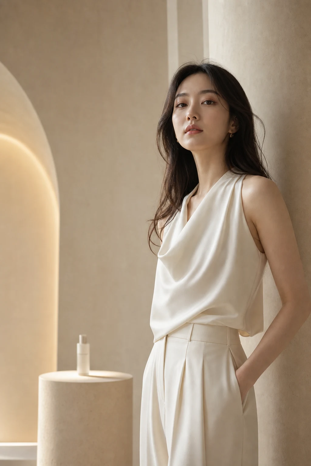 Korean beauty campaign model in an ivory fashion look beside a skincare pedestal