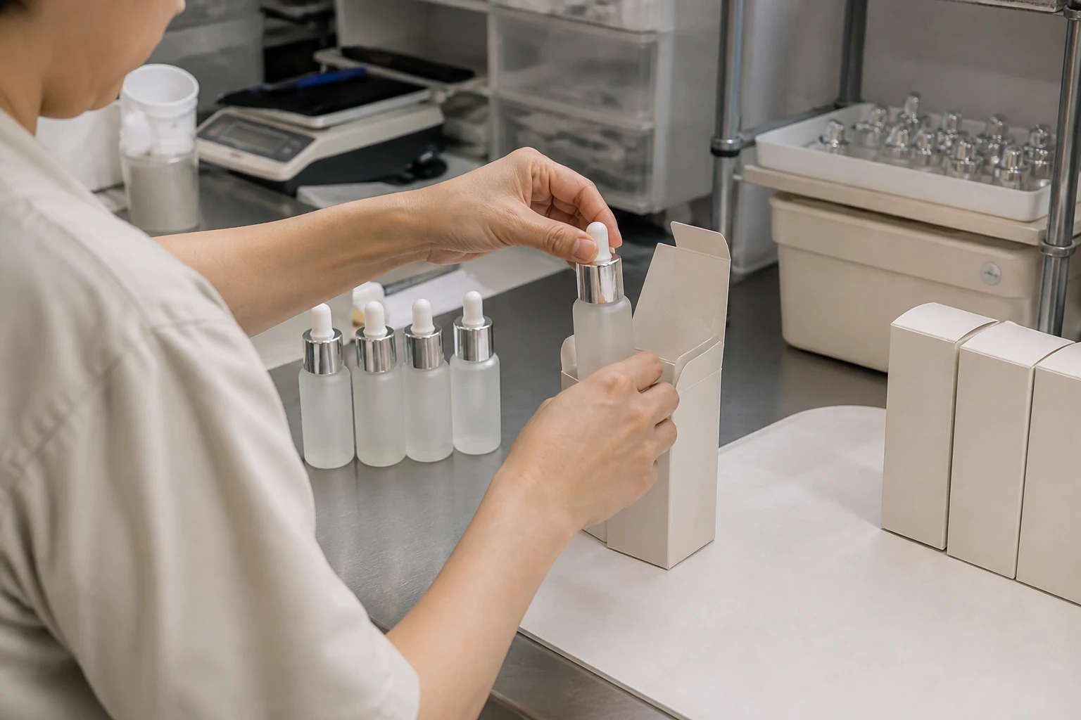 Production worker inspecting serum bottle packaging by hand