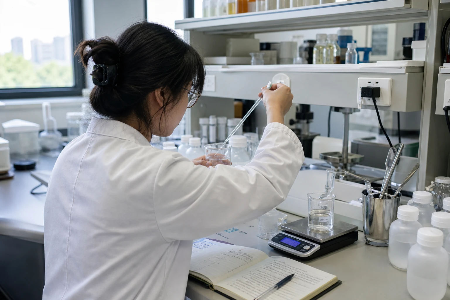 Cosmetic formulator preparing a skincare sample at a laboratory bench