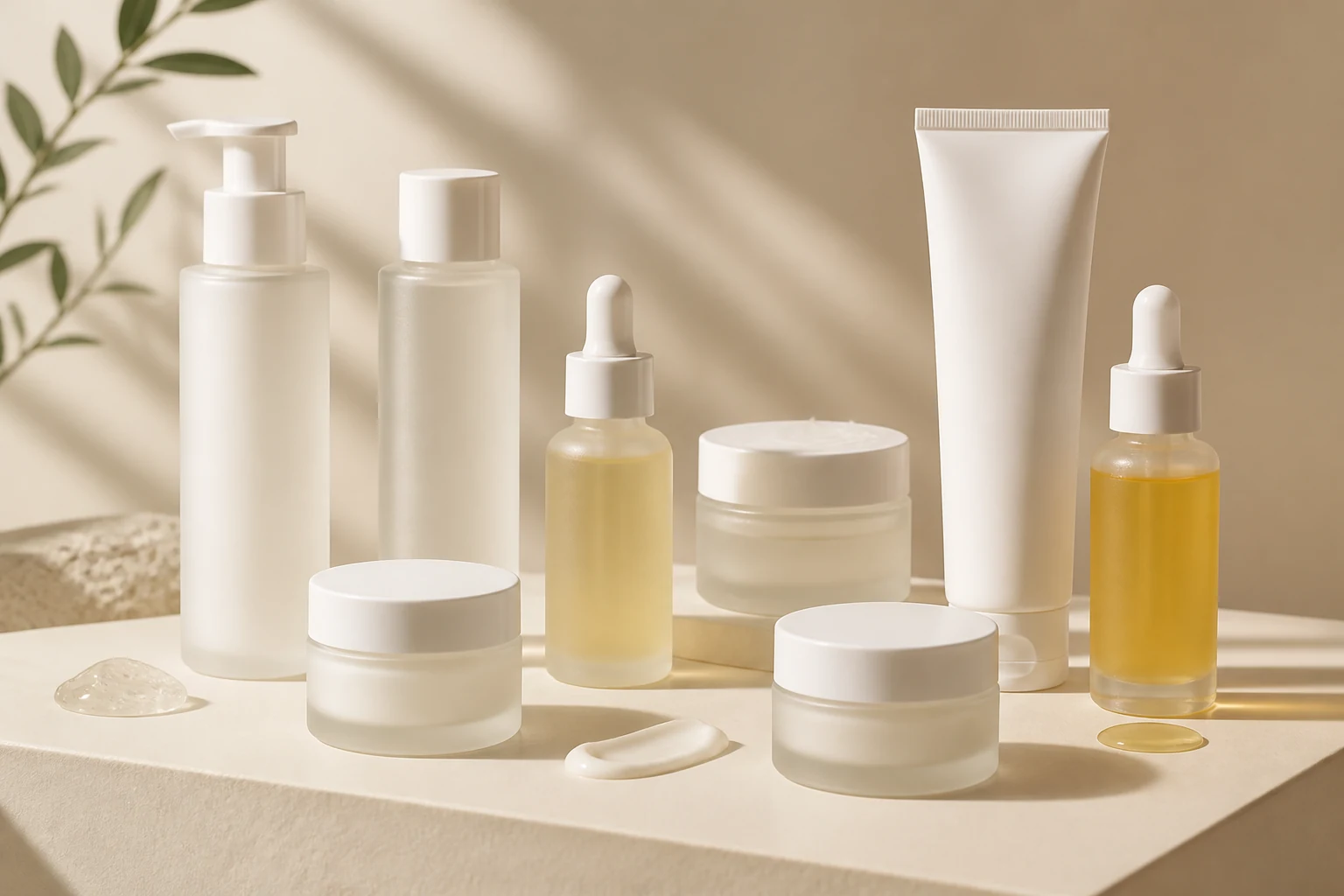 Premium frosted skincare bottles and cream jar in a neutral product still life